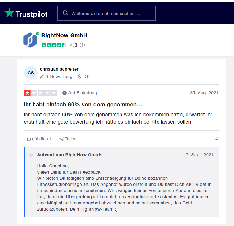 Trustpilot Bewertung 60 Prozent Provision RightNow