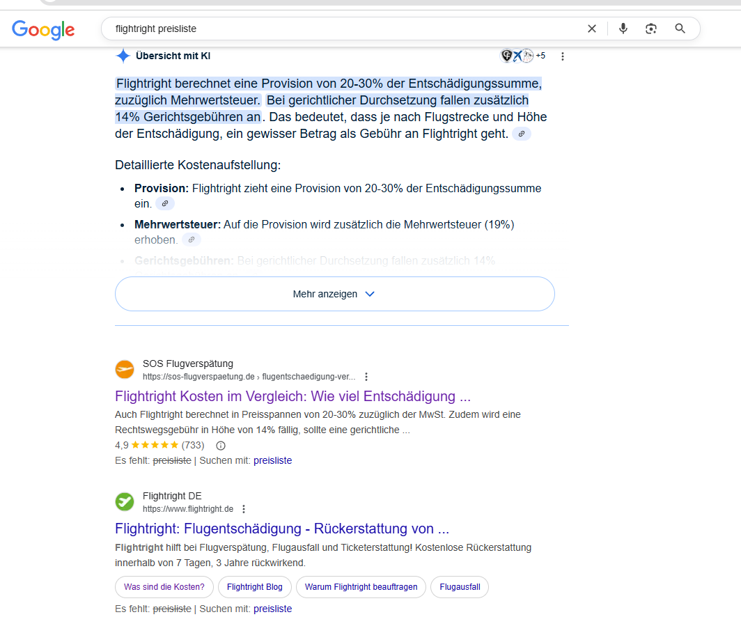 Screenshot der Ergebnisse einer Google-Suche nach: Flightright Preisliste. Gezeigt wird die KI-Zusammenfassung von Google, die eine Preisspanne von 20-30% plus Mehrwertsteuer als Flightrights Basisgebühren angibt sowie die ersten zwei Suchtreffer, der erste zur Startseite von Flightright ohne Angaben zur Preisliste.