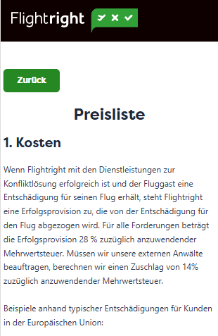 Darstellung des Anwaltszuschlags von Flightright in der Preisliste auf der Webseite des Unternehmens - Erhoben wird dieser bei Beauftragung externer Anwälte - er beträgt 14 Prozent plus Mehrwertsteuer
